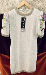 VINTAGE Joan Leslie Mini Dress Hand Sequined White W/Multicolor Flowers NWT - Picture 1 of 16