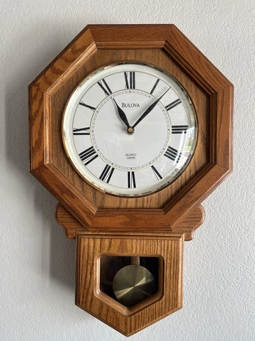 Vintage BULOVA Wood OAK Octagonal REGULATOR Wall Clock BRASS Pendulum WORKING Cover