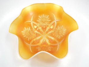 Dugan Soda Gold Marigold Carnival Glass Floral Ruffle Edge Bowl, 9 1/2" - Picture 1 of 7