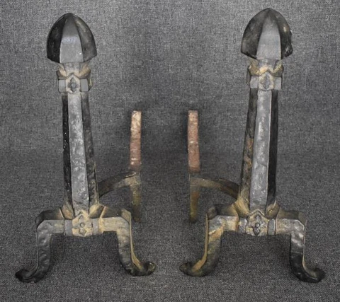 HANDSOME ANTIQUE BLACK HAMMERED WROUGHT IRON ANDIRON PAIR ARTS & CRAFTS MISSION Cover