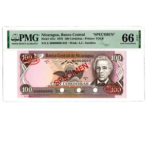 Banco Central de Nicaragua 100 Cordobas 1979 PMG 66 GEM UNC Specimen TDLR P-137s - Picture 1 of 2