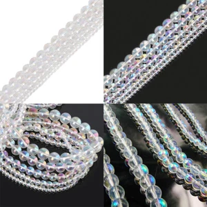US 4~10mm Clear Rainbow Iridescent Mermaid Smooth Round Glass Bubble Bead Strand - Picture 1 of 22