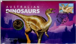 Dinosaurios australianos 2022 - moneda de $1 elafrosaurina - sello PNC y cubierta de moneda - Imagen 1 de 2