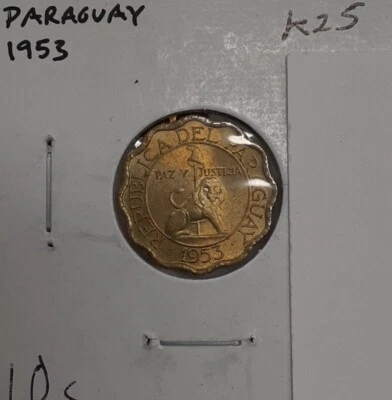 1953 Paraguay 10 Centimos Aluminum-Bronze Scalloped Coin-KM#25   UNC w/Toning - Image 1 of 2