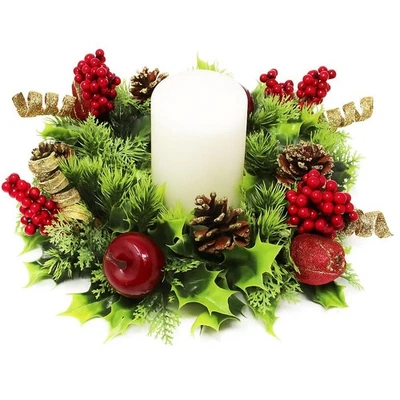 Christmas Candle Ring Wreath Artificial Table Centerpiece Decor Glitter 30cm  - Image 1 of 4