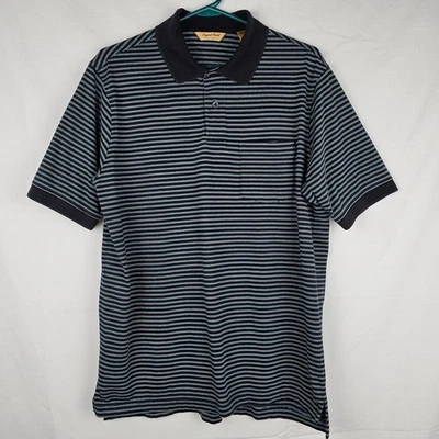 Roundtree & Yorke 液体金色男式性能针织条纹口袋 Polo 衫 M — 第 1/4 张图片