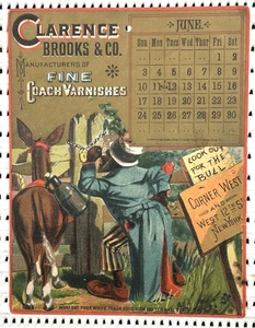Victorian Trade Card Calendar Clarence Brooks & Co Fine Coach Varnishes New York - Foto 1 di 2