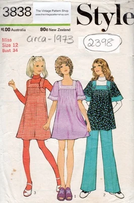 1973 Vintage Sewing Pattern Bust 34in Dress, Tunic & Trousers (2398R) Style 3838 - Image 1 of 3