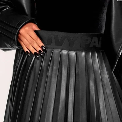 adidas IVY PARK Originals Beyonce Triple Black Faux Leather Pleated Mini Skirt - Image 1 of 4