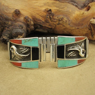 Мужской ремешок для часов Eagle с бирюзой, кораллом и струйной инкрустацией - Изображение 1 из 4