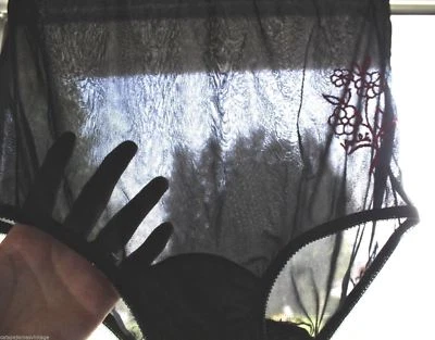 Vintage 100% Nylon Panties Briefs Black 1950s Embroidered 7 Mushroom Gusset - Image 1 of 4