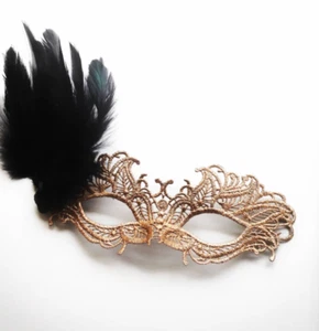 Gold Butterfly Feather Lace Masquerade Mask with Black Feathers - Picture 1 of 2