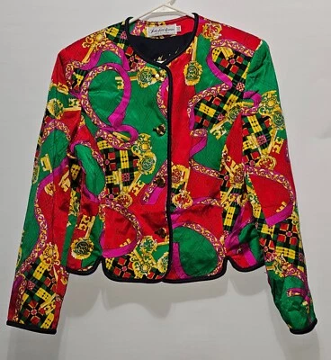 Saks 5th Avenue ♈Woman's Silky button up jacket size 8~Red/green/gold filigree - Image 1 of 3