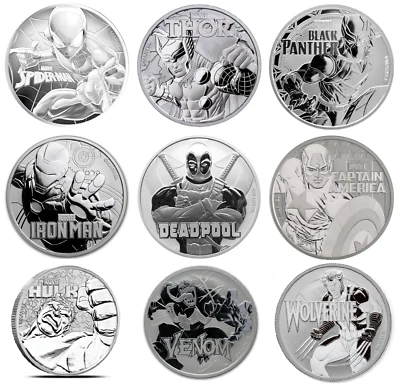 Monedas de Plata Marvel 1 oz Thor Venom Hulk Deadpool Ironman Pantera Negra Wolverine Foto 1 de 4