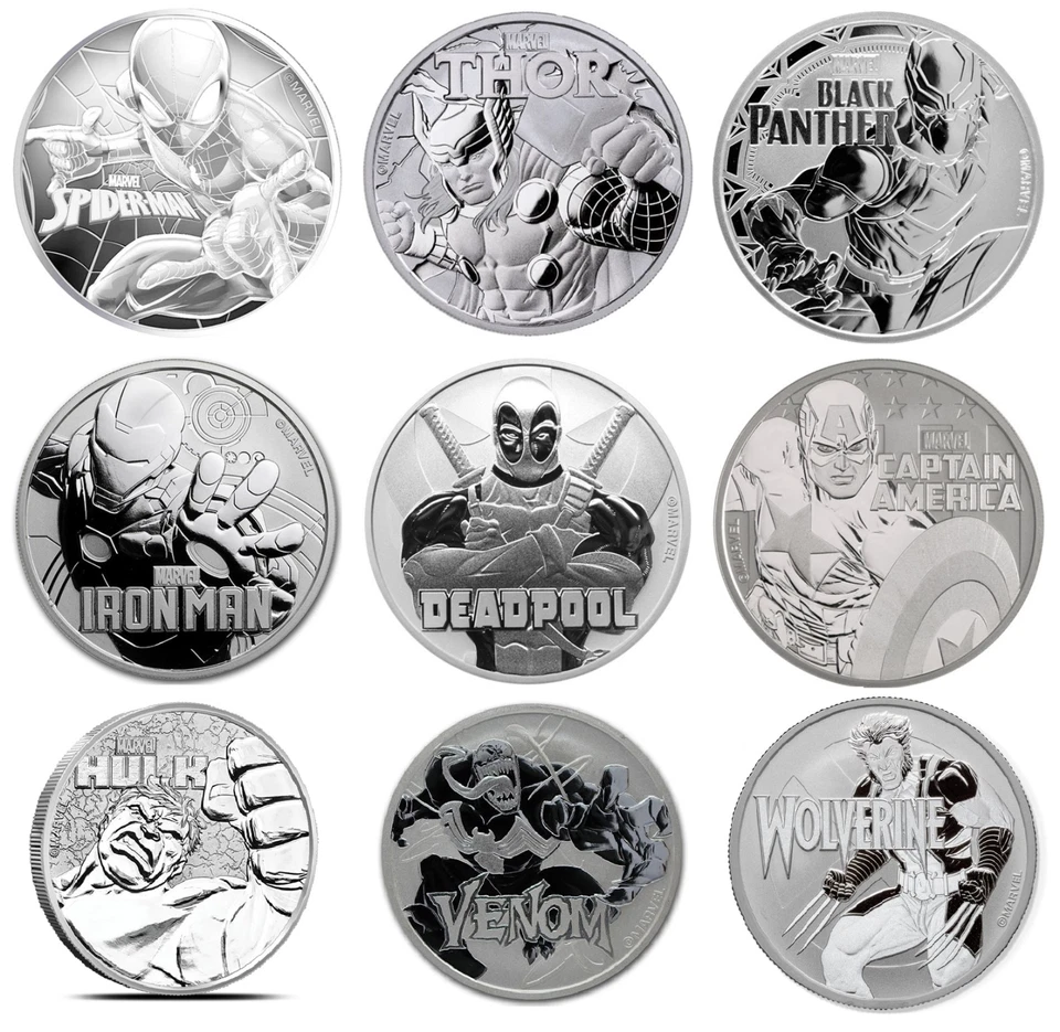 Marvel Silver 1oz coins Thor Venom Hulk Deadpool Ironman Black Panther Wolverine - Image 1 of 4