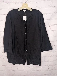 J. Jill Love Leinen Blumen Ösen Saum 3/4 Ärmel Knopfleiste Top schwarz Gr. L - Bild 1 von 10