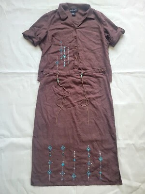 Vinatge 2 Piece Skirt Set Linen Brown Blue Bead Embroidered Women's L/XL - Image 1 of 4