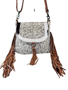 Myra Bag Monochromatic Foliage Leather Fringe Crossbody Bag Adjustable Strap EUC - Picture 1 of 8