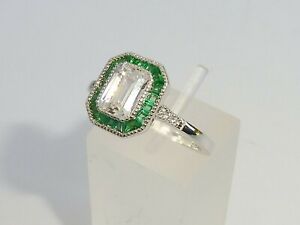 Ladies Art Deco Halo Style 925 Sterling Fine Silver Emerald White Sapphire Ring