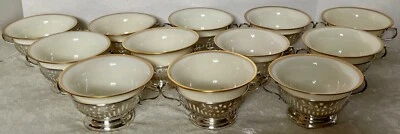 SET OF 12 LENOX CREAM SOUP BOWLS STERLING SILVER HOLDERS AND UNDER PLATES - Image 1 of 4