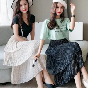 Lady Chiffon Pleated Layered Skirt Polka Dot Cake Skirts Mid Length Loose Summer - Picture 1 of 13