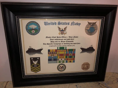 Marina de EE. UU. - MAESTRO JEFE SUBOFICIAL E-9 / IMPRESIÓN DE ESTANTE DE CINTA VETERANO con PREMIOS Foto 1 de 4