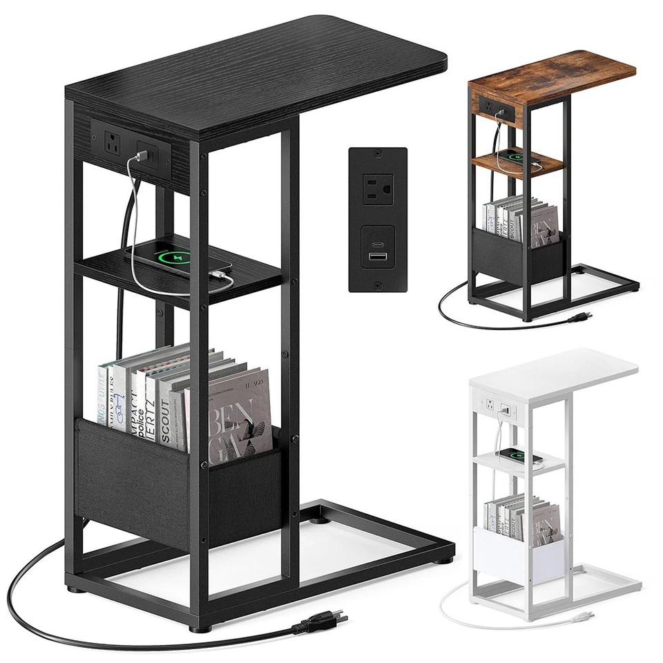 C Shaped End Table with Charging Station,Small Side Table Fo Couch Recliner Sofa - Image 1 of 1