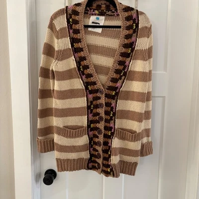Anthropologie Sparrow Striped Crochet Trim Long Cardigan Sweater Women's Medium - Image 1 of 4