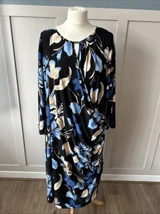 Grace Size 26 Black Mix Floral Half Sleeve Wrap Look Stretchy Midi Dress - Picture 1 of 7