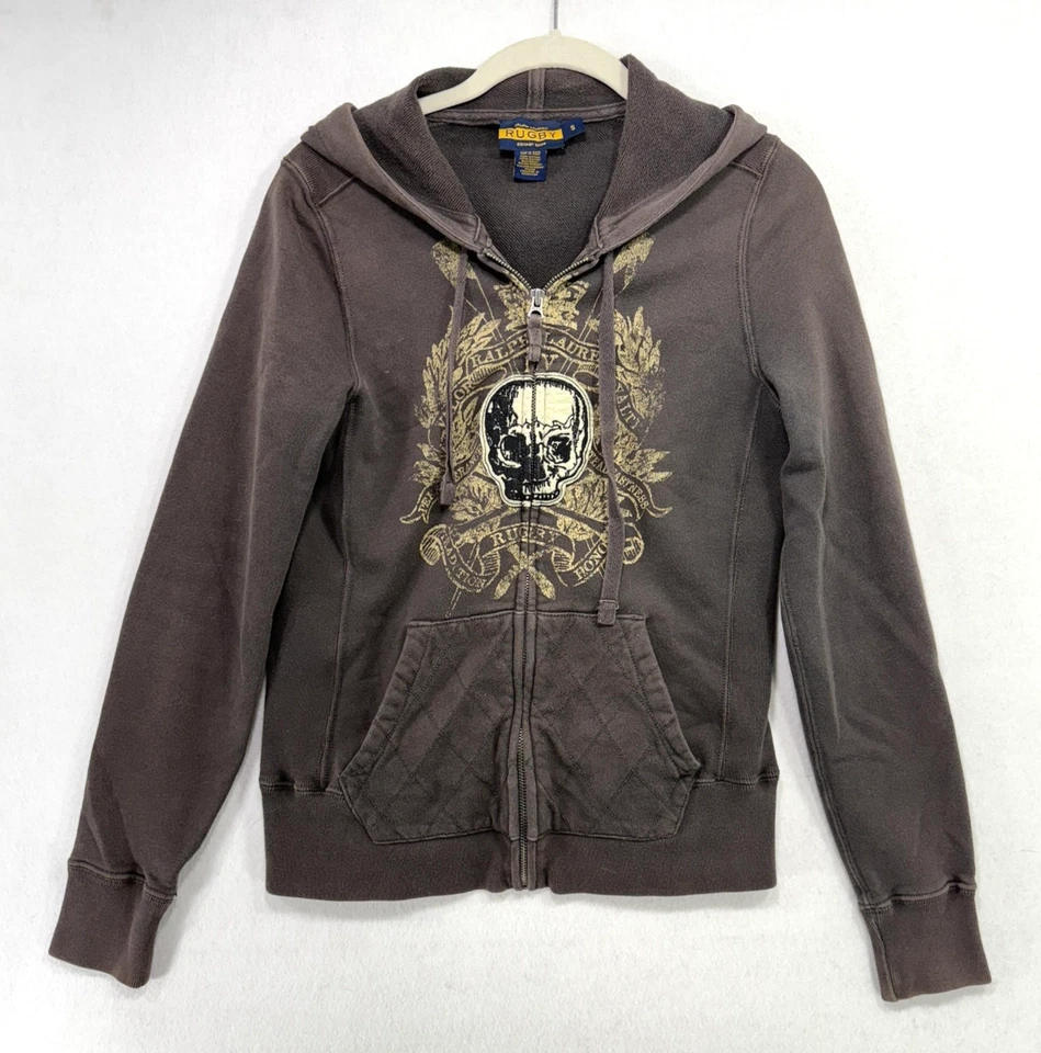 Sudadera con Capucha De Colección Ralph Lauren Rugby Mujer S Marrón Calavera Cremallera Completa Punk Gótico Y2K Foto 1 de 4