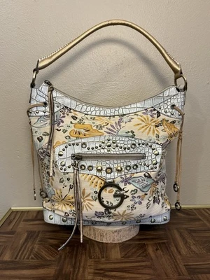 Guess Boho Y2K Floral Baby Blue Crocodile Canvas Metallic Charms Shoulder Purse  - Image 1 of 4