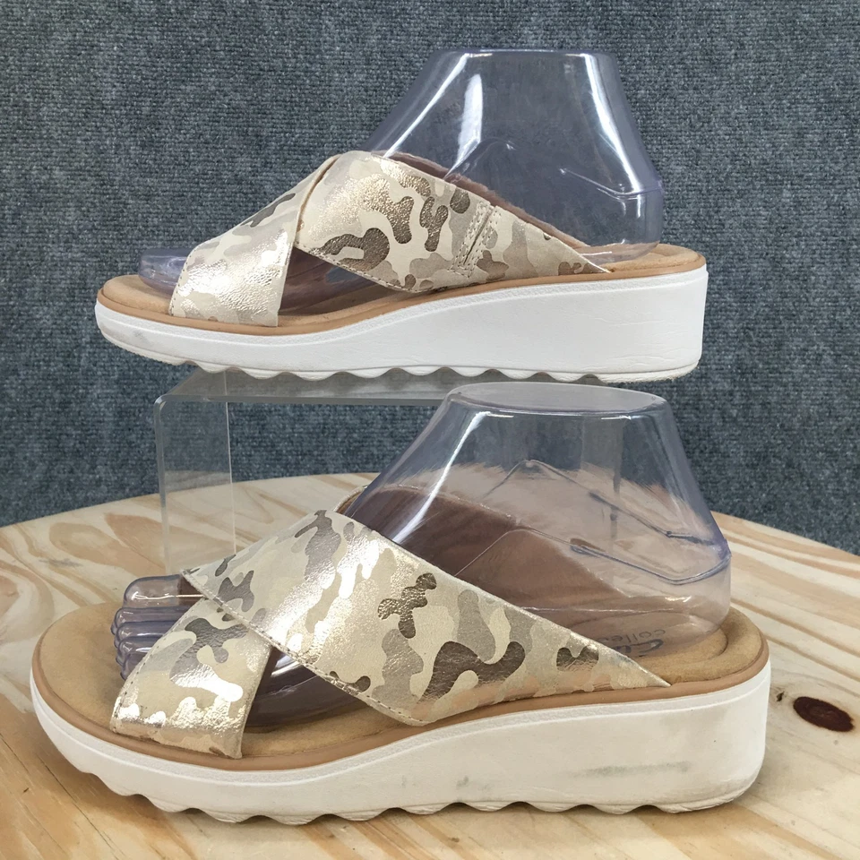 Sandalias Clarks para mujer 8,5 M Jillian gema correa cruzada cuña deslizable camuflaje dorado Foto 1 de 4