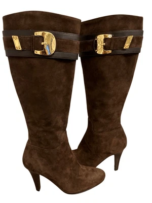 Cole Haan NikeAir Nicole Gamuza Tacón Botas 6.5B Ecuestre Oro Hebilla Elegante Par Foto 1 de 4