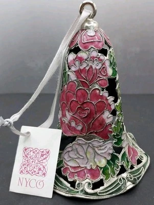 NYCO Cloisonné Campana Adorno Rosa Diseño Floral con Etiqueta LE Navidad 4.5" Alto De Colección Foto 1 de 4