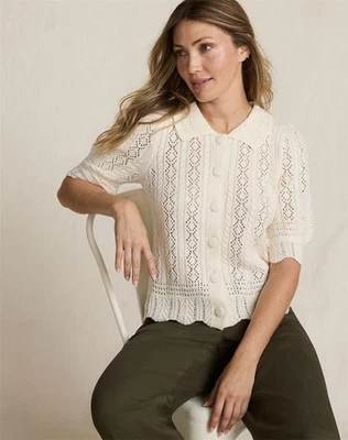 Cardigã suéter feminino Lands' End renda manga folhada Pointelle novo com etiquetas - Imagem 1 de 2