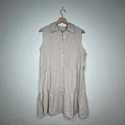 Vestido para mujer Jessica Simpson beige blanco a rayas mezcla de lino en capas talla grande Foto 1 de 3