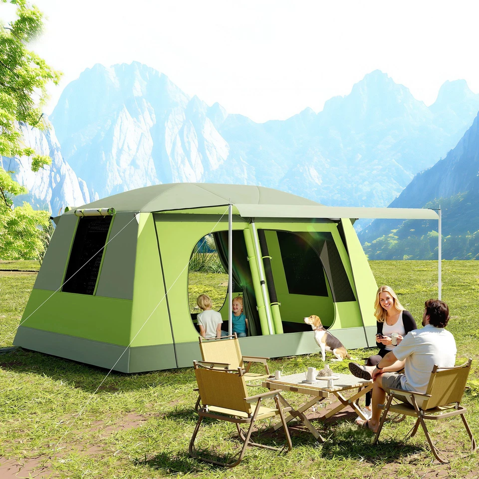 Outsunny 4-8 Personen Familien-Campingzelt mit 2 Schlafkabinen - Gelb/Grün, 405x305x225cm (‎A20-052)