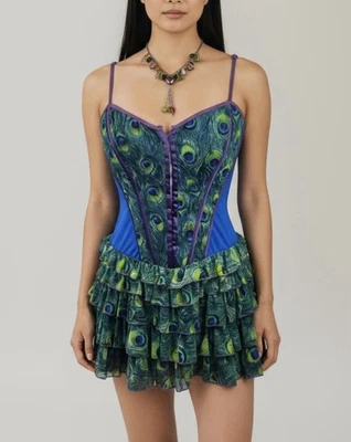 Mini Vestido Lencería Pavo Real Volantes Malla Boho Fairycore Y2K Bustier Talla Mediana Foto 1 de 4