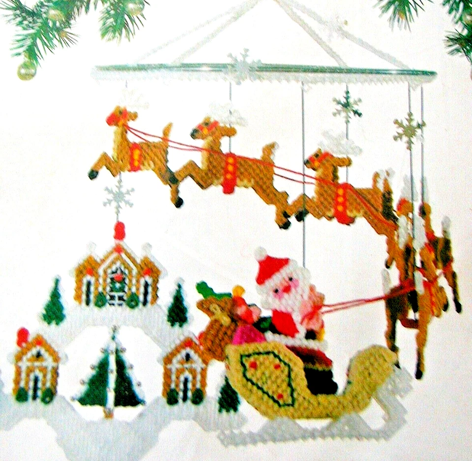 SANTA SLEIGH REINDEER Hanging Mobile Christmas PLASTIC CANVAS Kit NOS 1983 Vtg - Image 1 of 4
