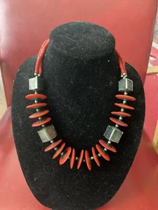 Chunky Vtg Retro Tribal Design Red Beaded Fashion Runway Necklace BOHO Coconut? - Picture 1 of 5