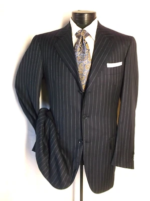 Loro Piana Top Line 羊绒深蓝色条纹 3BNT 套装 42L 裤子 36 带 32 L — 第 1/4 张图片