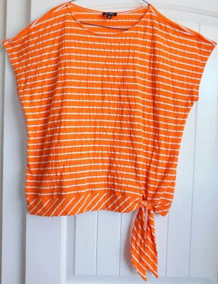 Jones New York NARANJA Y BLANCO RAYAS Camiseta Manga Corta TEJIDO Top con Corbata XL Foto 1 de 4