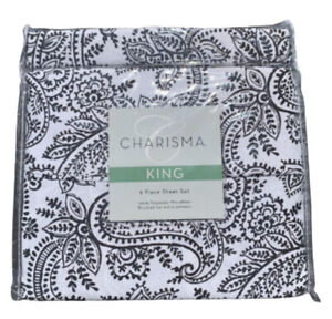 Charisma Hyden Black & White Paisley 6 Pc Luxury King Bed Sheet Set NEW