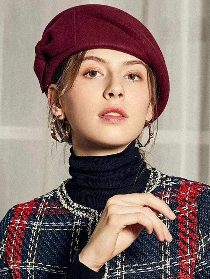 Wool Felt Beret Fascinator Hats For Women Wedding Church Pillbox Hat With Bow - Image 1 of 4