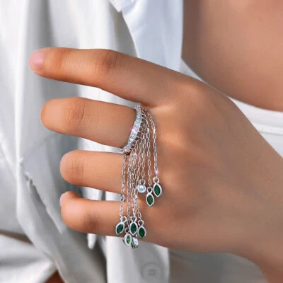 Anillo de alianza de boda colgante marquesa borla eslabón de cadena circonita cúbica plateado para damas Foto 1 de 4