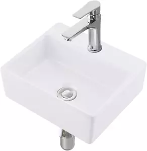 Small Wall Mount Corner Bathroom Vessel Sink White Rectangle Porcelain Ceramic A - Picture 1 of 9