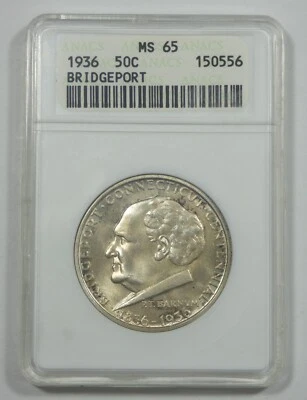 1936 Bridgeport, CT Centennial Silver Commem 50c ANACS MS 65 ~ 1st Gen Holder - Image 1 of 4
