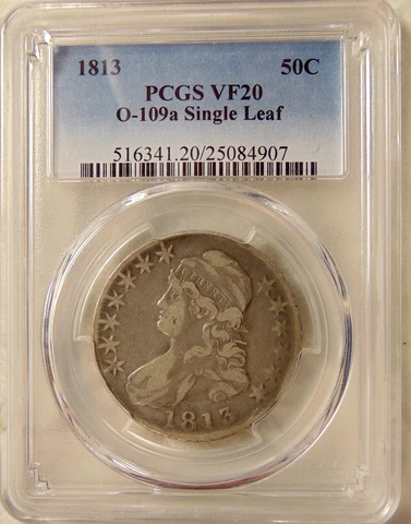 1813 Bust Half - PCGS VF20  Scarce O.109a R.5 "SINGLE LEAF Var" - Very Nice Coin Cover