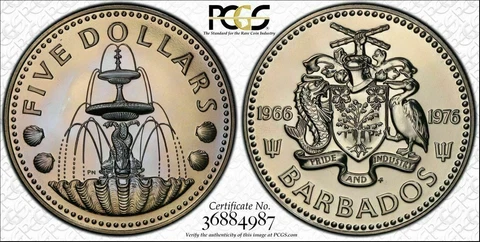 1976-FM $ 5 Dollar Barbados PCGS PL68 Toned Proof Like FINEST KNOWN WORLDWIDE Cover