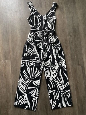 NWT Tahari Linen Blend Belted Jumpsuit V-Neck Black White Women Size 4 - Image 1 of 4